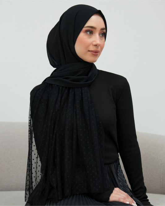 châle en crêpe chiffon et tulle à pois couleur noir